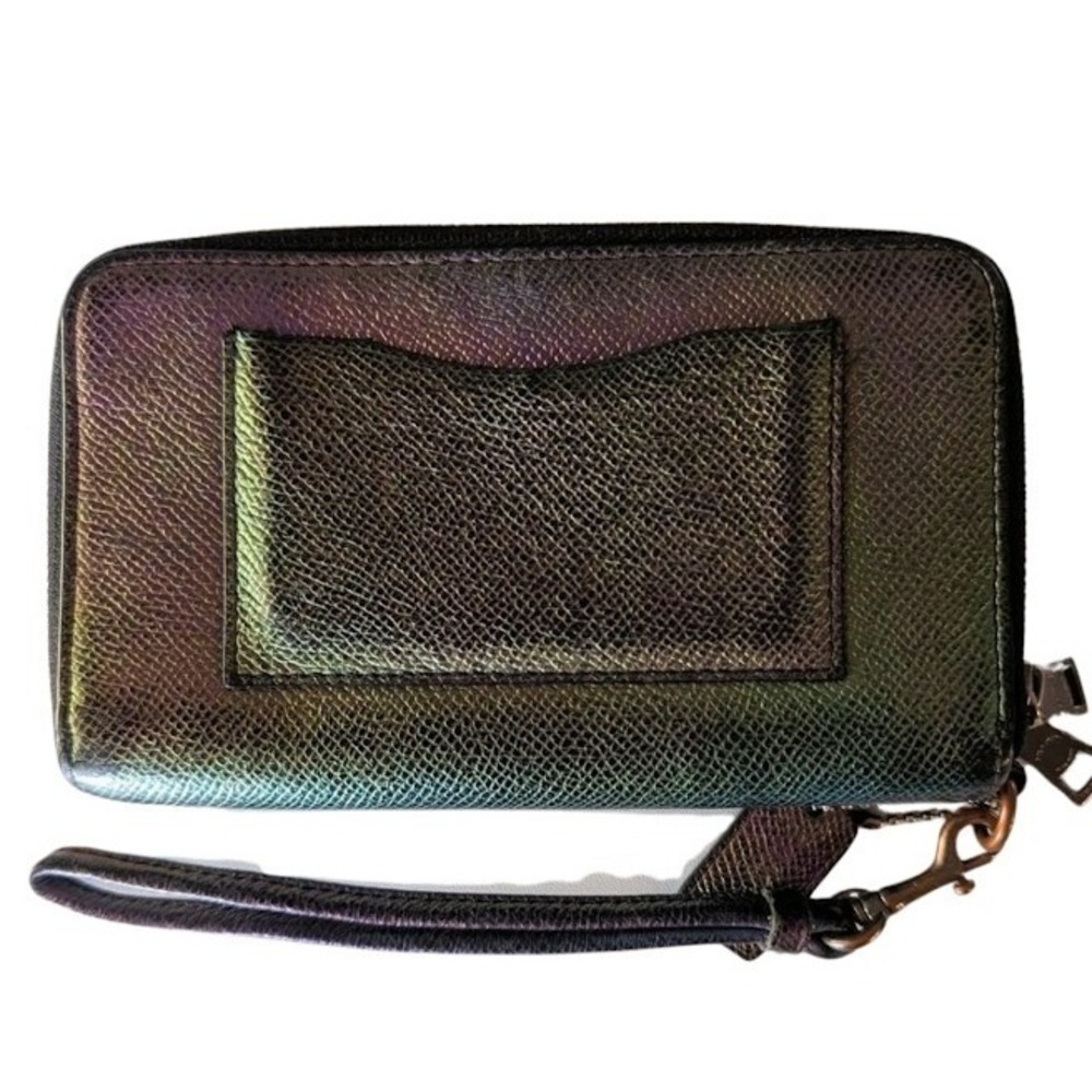 VTG Coach Iridescent Double Zip Wristlet Wallet Green Purple Crossgrain Leather - Picture 7 of 13
